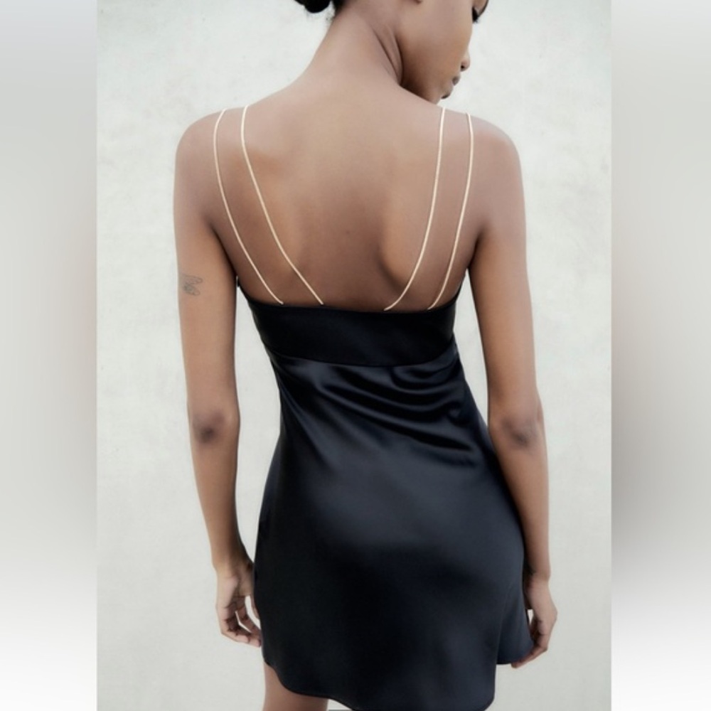 ZARA gold chain strap satin effect mini dress black XS